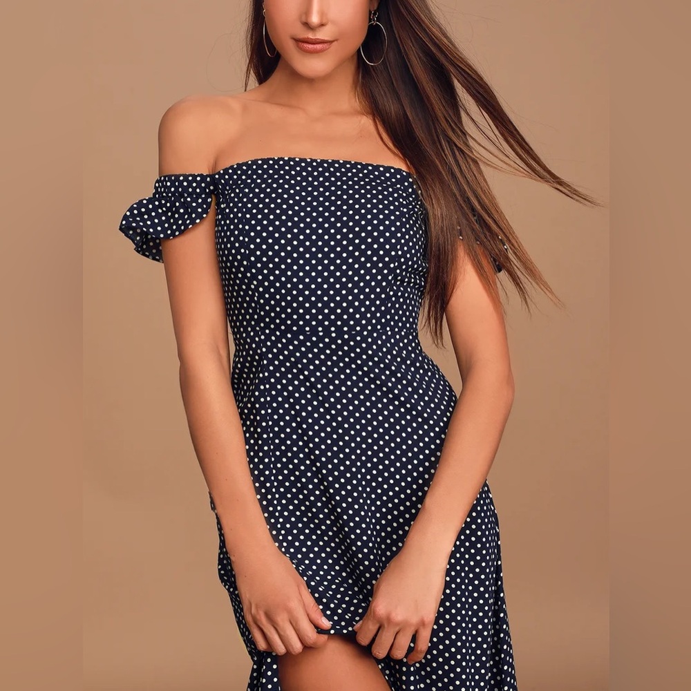 LULUS, Dream Love Navy Blue Polka Dot Off-the-Shoulder Maxi Dress - Picture 4 of 11